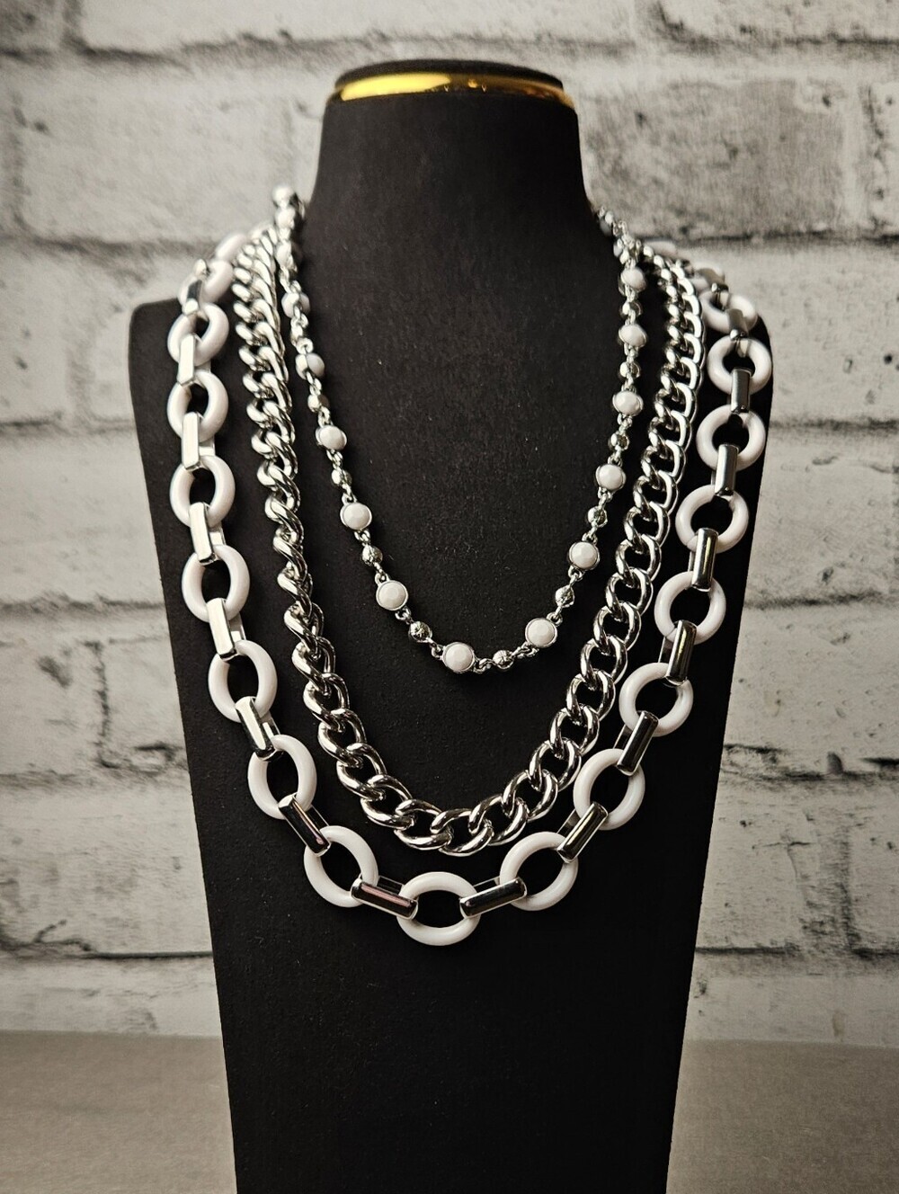 Lia Sophia Layered Chain Statement Necklace Silver Tone White Link Jewelry